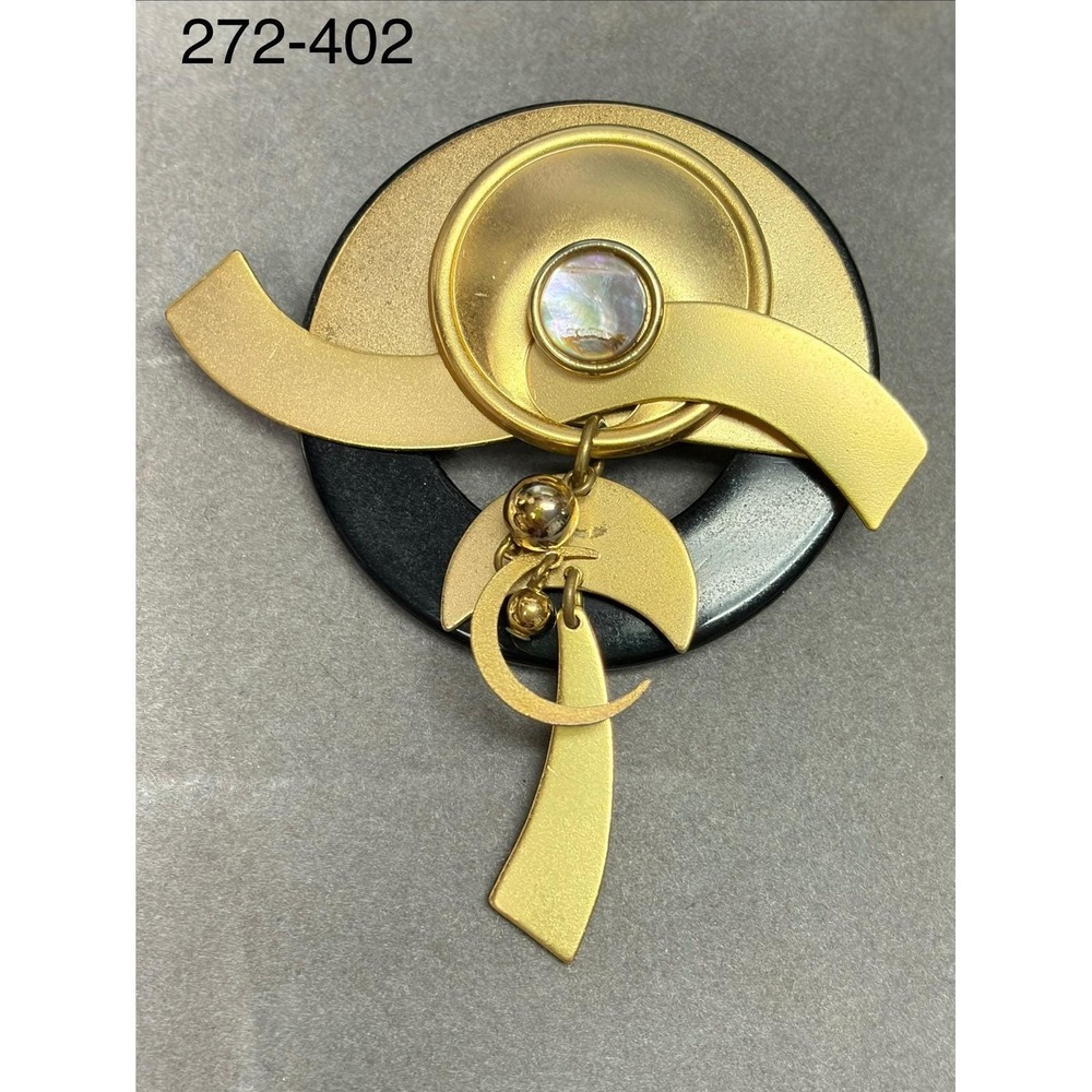 Abstract Geometric Brooch Pin Gold Tone Black Plastic Mother of Pearl Dangle